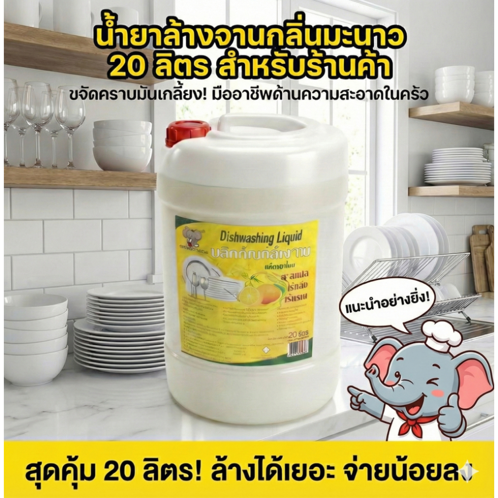 น้ำยาล้างจาน 20 ลิตร กลิ่นมะนาว สำหรับร้านอาหาร ขจัดคราบมัน ล้างออกง่าย ไร้สารตกค้าง กลิ่นหอมสดชื่น