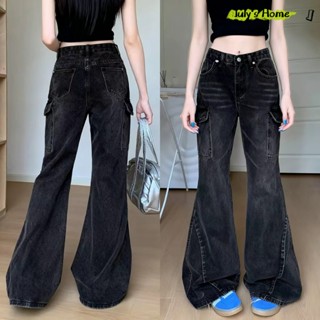 กางเกงขาม้า กางเกงยีนส์ผู้หญิง หลายกระเป๋า ทรงวินเทจ ออกแบบส…