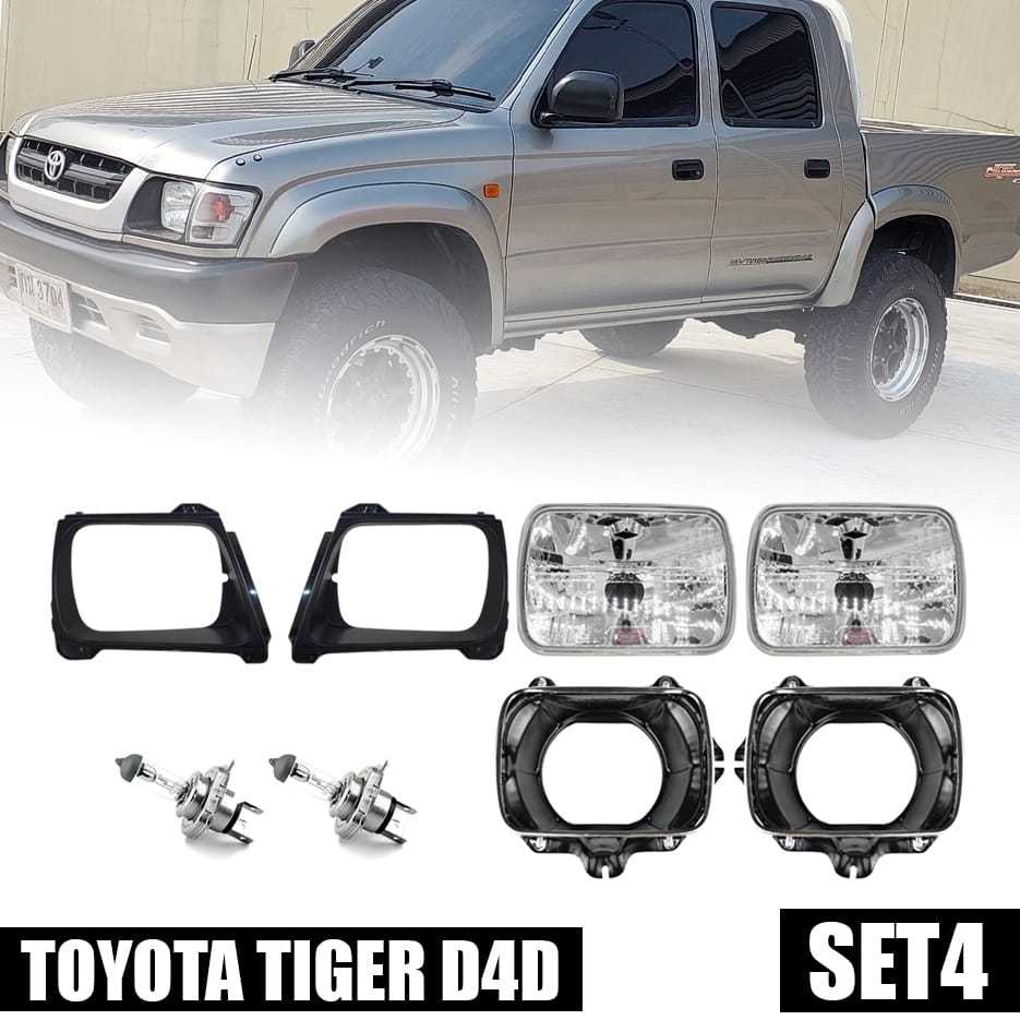 (สินค้าพร้อมส่ง) ชุดเบ้าไฟหน้า + ไฟหน้า + กรอบไฟหน้า สีดำ รุ่น TOYOTA HILUX TIGER D4D โฉมตาโบ๋ ปี 2001 - 2004 1เซ็ท