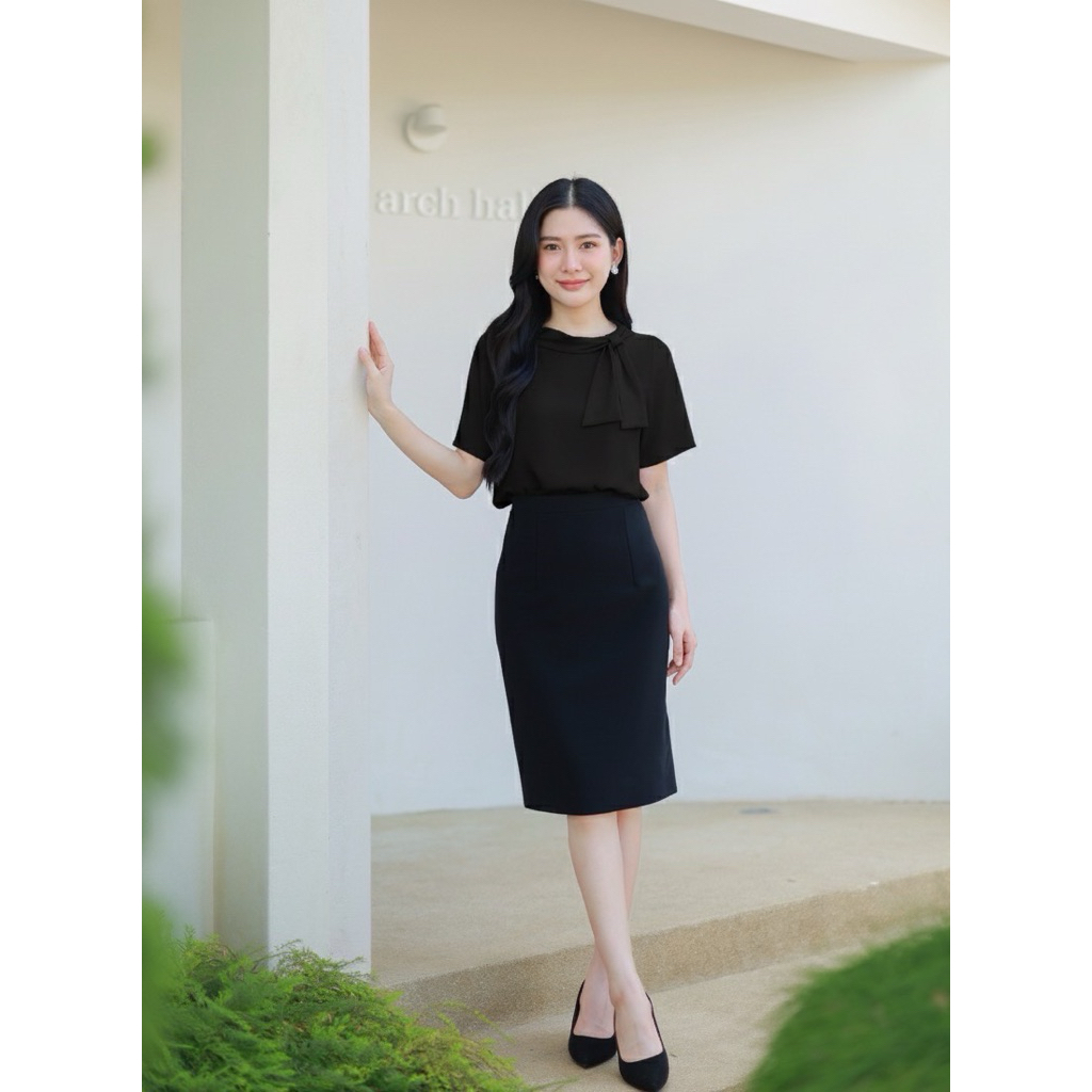 “Stella Blouse เแขนสั้น ปกพับโบว์หูกระต่ายสำเร็จ ไม่ต้องผูกโบว์เอง ใส่สมัครงาน สมัครแอร์ งานสวมหัวติดกระดุม