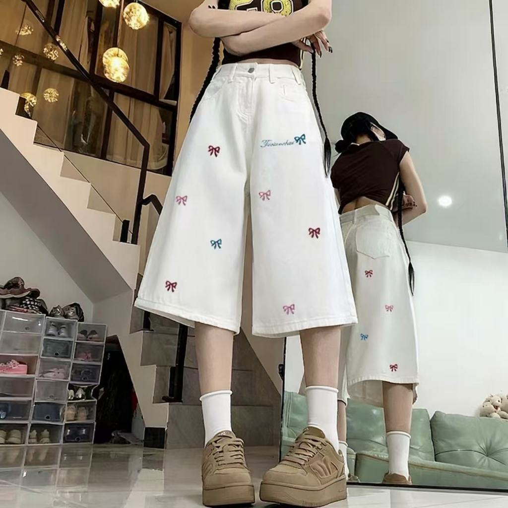 S-10XL กางเกง 7 ส่วน ปักโบว์สุดน่ารัก ผ้านิ่มใส่สบายระบายอากาศได้ดี