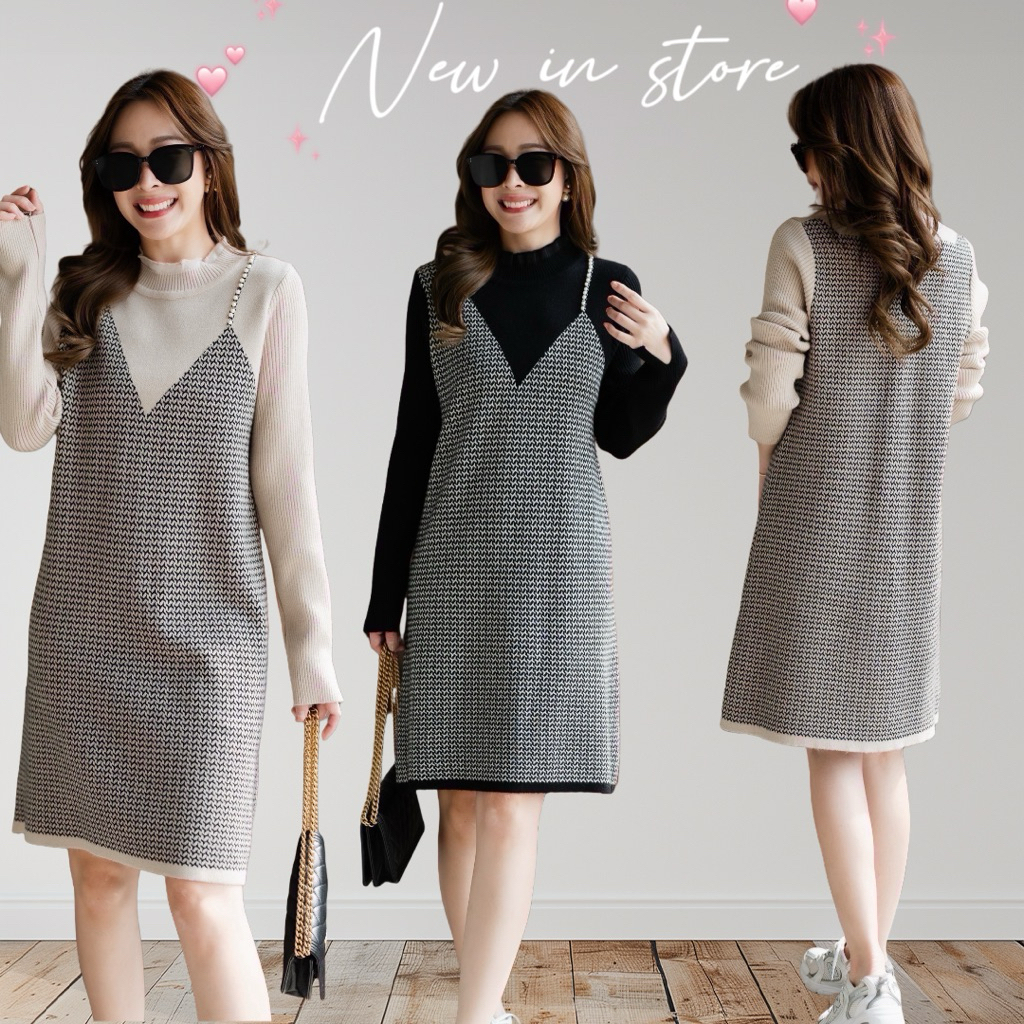 [ส่งเร็ว] Address • เดรสไหมพรมคอปีนแขนยาว