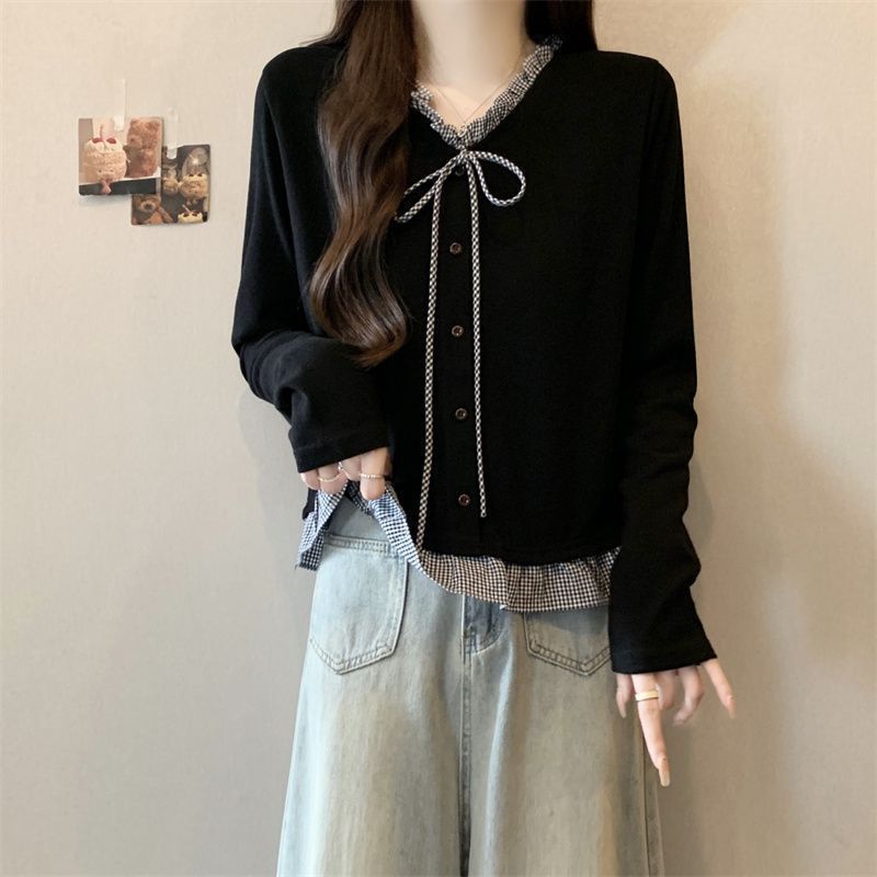 MICKI~คอวี เสื้อผ้า้าสองชิ้นเทียม แขนยาว เวอร์ชั่นเกาหลี หวาน การเดินทาง
