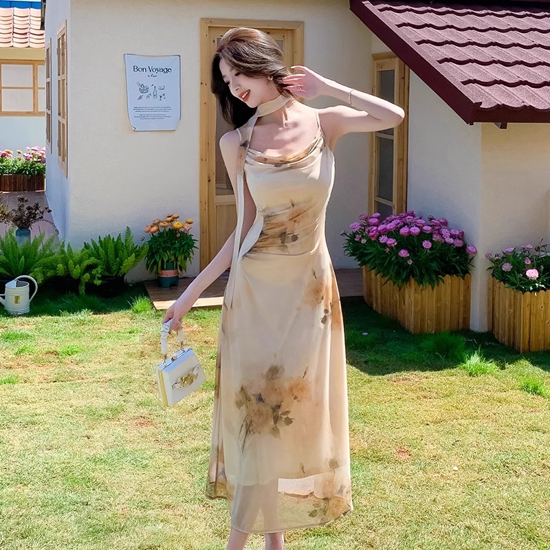 เดรสสีชมพู ดอกไม้ เดรสยาว เดรสเจ้าหญิง แขนกุด เกาหลี ออกงาน เรียบหรู