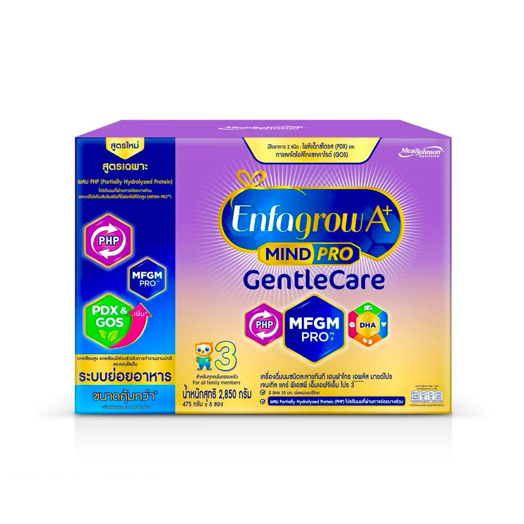 นมผงเด็กEnfagrow A+ mindpro GentleCare DHA เอนฟาโกร เจนเทิลแคร์ สูตร3 2,850กรัม สูตรย่อยง่าย สำหรับเ