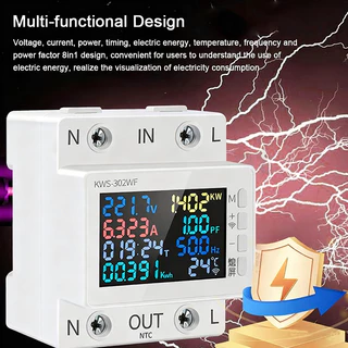 Tuya 8in1 WIFIสมาร์ทเครื่องวัดพลังงานไฟฟ้า หน้าจอสี 2P AC 170-270V 63A รีโมทคอนโทรลแรงดันไฟฟ้าปกป้อง