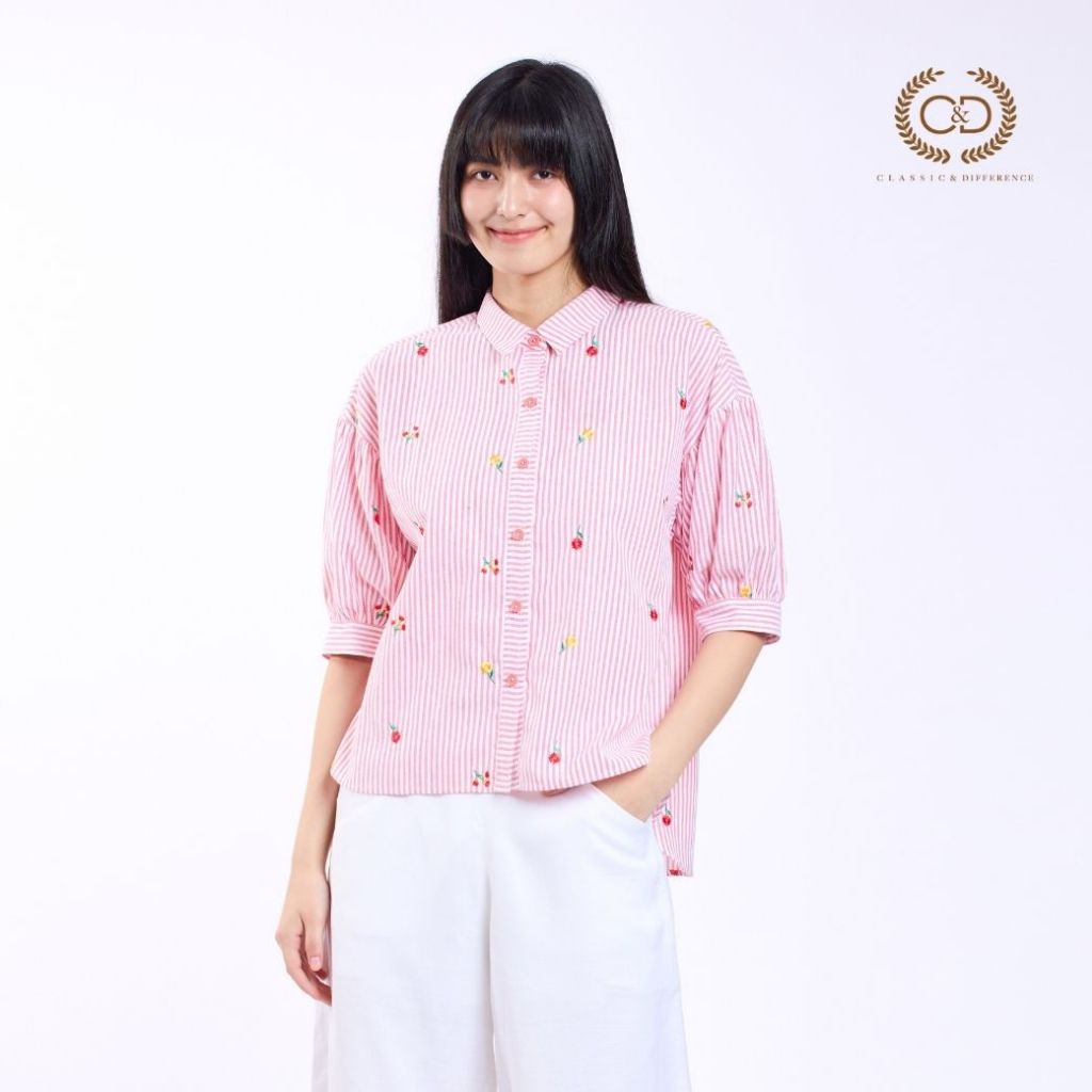 C&D เสื้อผู้หญิง โคโมฮานะ สไตร์พ แขนสั้น สีแดง CBDCME