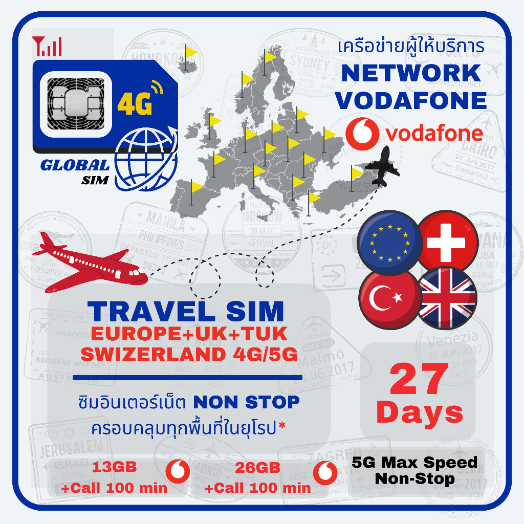 Europe SIM ซิมยุโรป Vodafone 27Days 4G/5G Max speed non-stop + Call