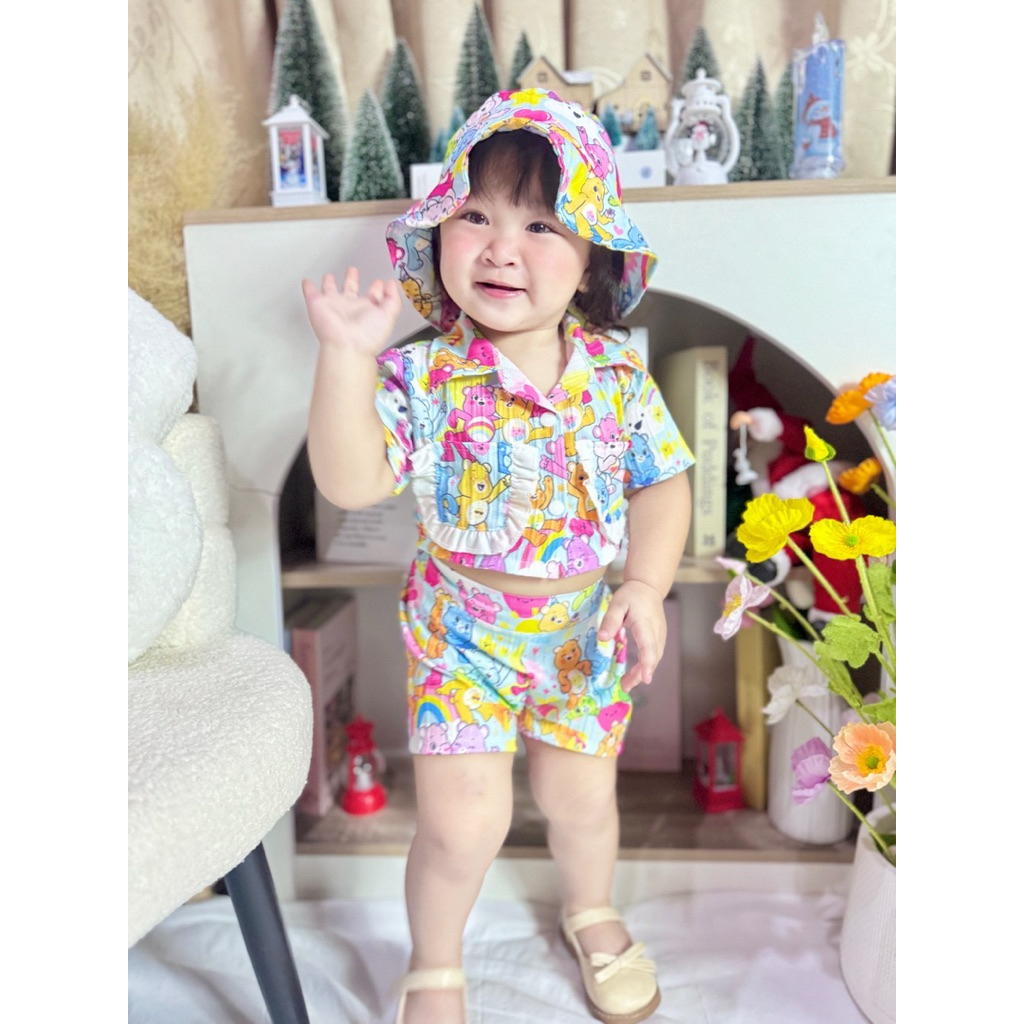 ชุดเซ็ตเด็กผู้หญิงลายหมีแคร์แบร์ 3 ชิ้น เสื้อ กางเกง หมวก (ผ้าด็อปบี้) สีจริงอ่อนกว่าในรูป