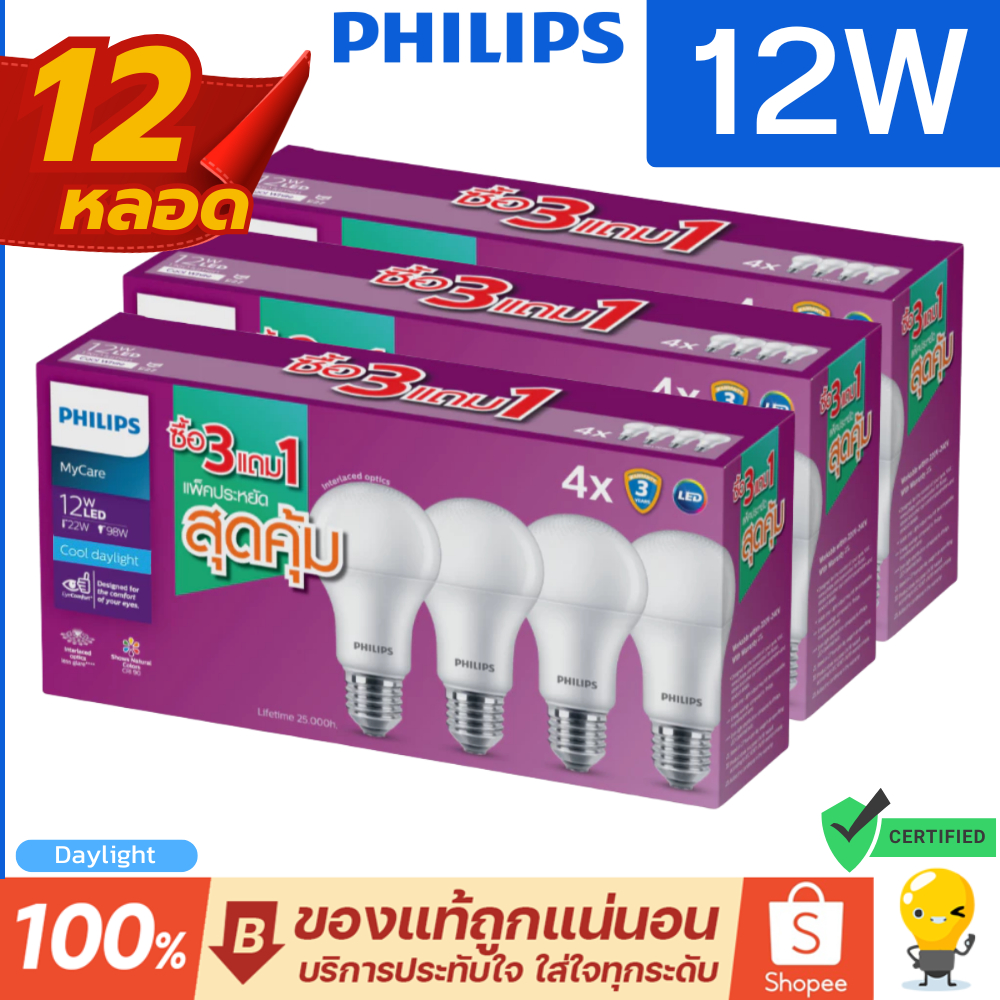 (แพ็ค 12 ดวง) Philips หลอดไฟ LED 12W Bulb Mycare ขั้ว E27 แสงขาว ประกันแท้ จากฟิลิปส์
