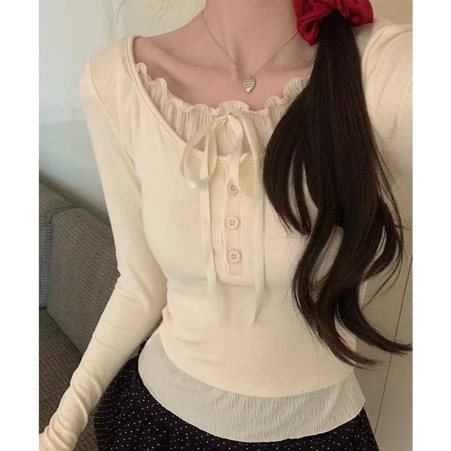 [Sheing office]🌟พร้อมส่ง🌟เสื้อแขนยาวผู้หญิง สไตล์สองชิ้นปลอม ทรงเข้ารูป เสื้อเปิดไหล่