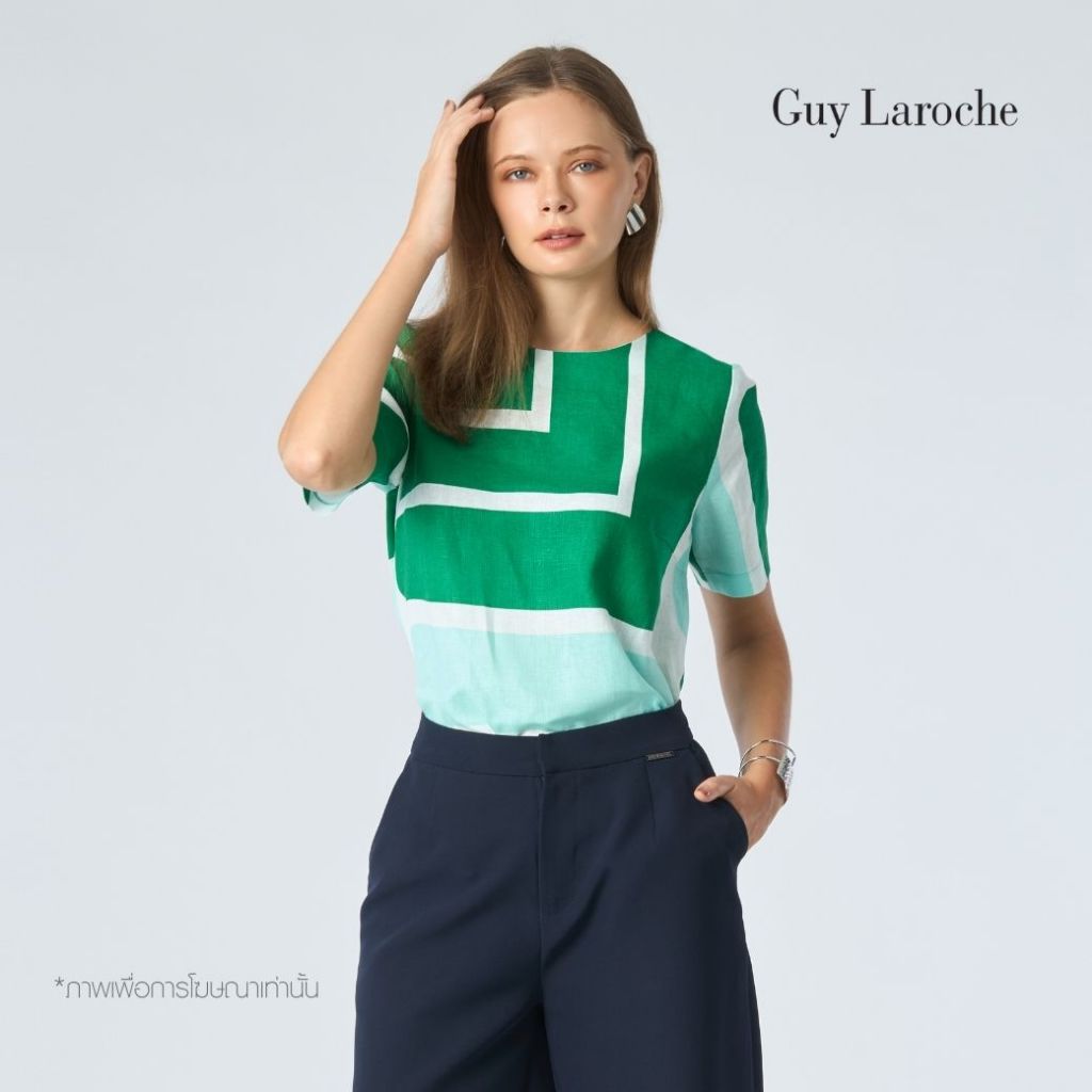 Guy Laroche Woman's blouse Light linen Green Logo เสื้อผู้หญิง คอกลม แขนสั้น สีเขียว GBBZGR