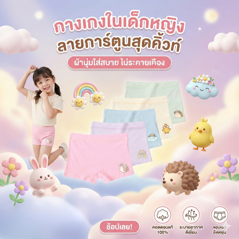 กางเกงในเด็กผู้หญิงขาสั้น ผ้าคอตตอนแท้ นุ่ม ลายสุดน่ารัก เหมาะกับเด็กวัย 3 ขวบขึ้นไป ผ้านุ่ม ระบายอากาศดี ไม่อึดอัด🍬🌈