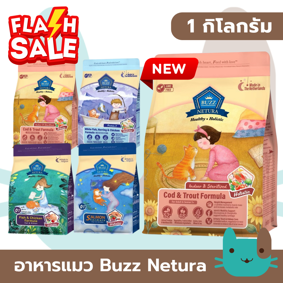 BUZZ Netura (1kg) Cat Holistic อาหารแมว เกรนฟรี สูตรแซลมอน สูตรไก่ สำหรับทุกช่วงวัย Fs