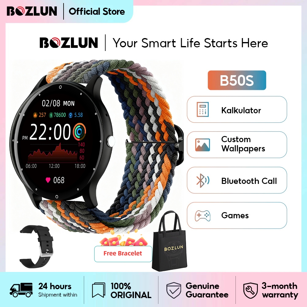 Bozlun🔥Smartwatch B50S ฟรีสายนาฬิกาแบบทอ นาฬิกาสมาร์ทวอทช์ นาฬิกาวัดความดันโลหิต เครื่องวัดอัตราการเ