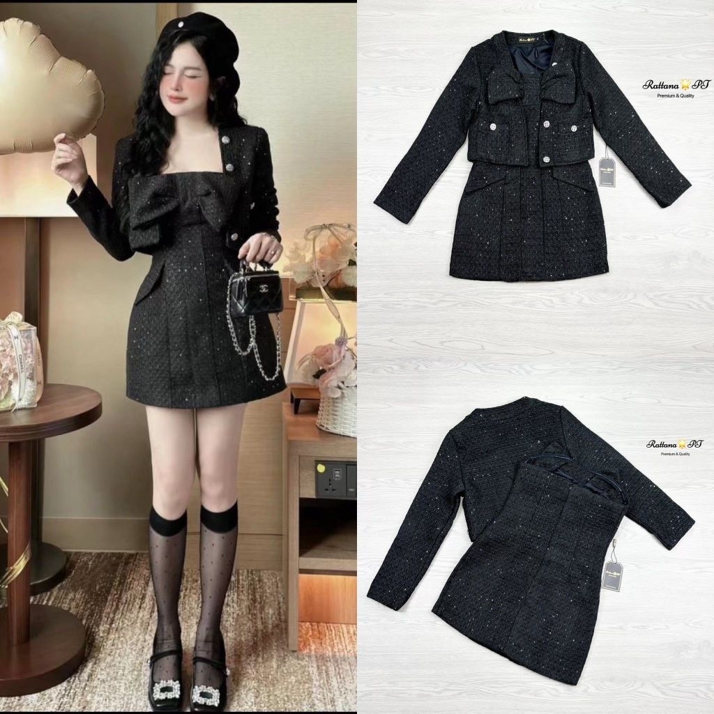 Rattana PT Brand : Set ผ้าทวิต เาอคลุม + Dress เกาะอก Size S มือ 2