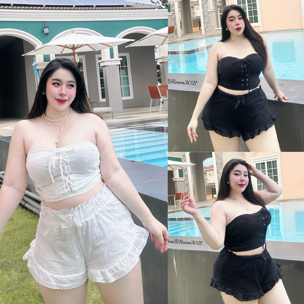 /TB/ ชุดเซ็ตเกาะอกลูกไม้ฉลุ มีไซส์อก40-54 เสื้อเกาะอกแต่งตาไก่สานเชือก+กางเกงแต่งระบาย งานมีซับในทั้งตัว ชิลล์มาก