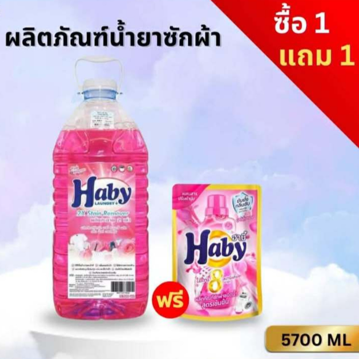 Haby น้ำยาซักผ้า กลิ่น Pink Blossom ซักผ้า ผ้าสะอาด หอม ขนาด 5700ml แถมฟรี น้ำยาซักผ้า Haby 200ml