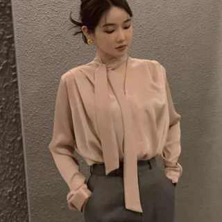 littlebee.shop ✨เสื้อเชิ้ตแขนยาวผ้าซาติน ริบบิ้น คอวี สไตล์ฝรั่งเศส แบบใหม่ เสื้อแฟชั่น#99238