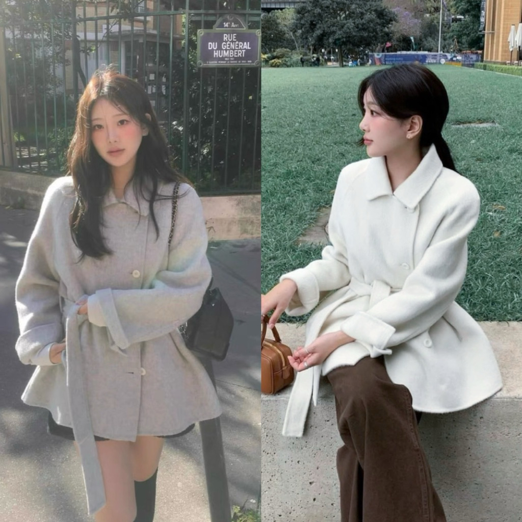 (C336)~ Hongdae Wool Coat 🌷☃️เสื้อโค้ทผ้าวูลผสม มาพร้อมสายผูกเอว พร้อมส่ง 2 สี
