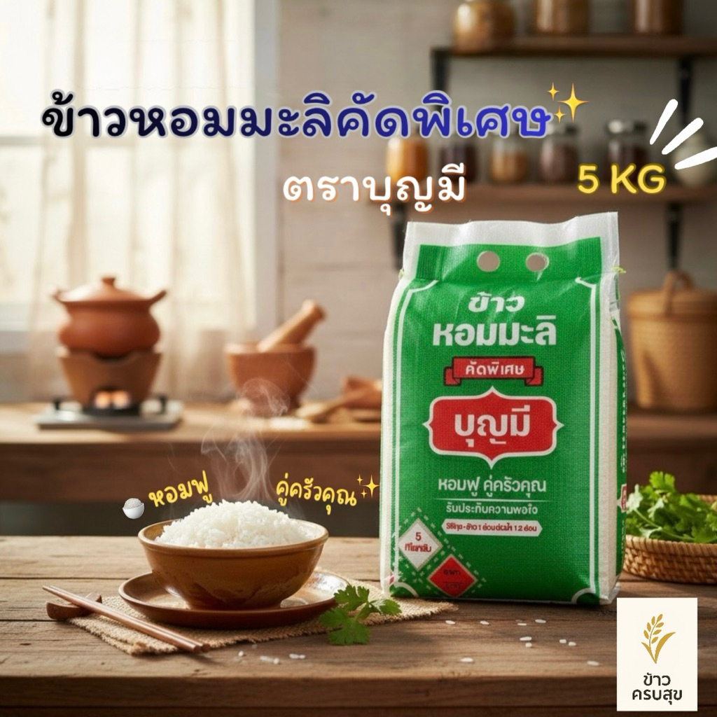 ข้าวหอมมะลิคัดพิเศษ ตราบุญมี 5kg. (ถุงเขียว) 💚