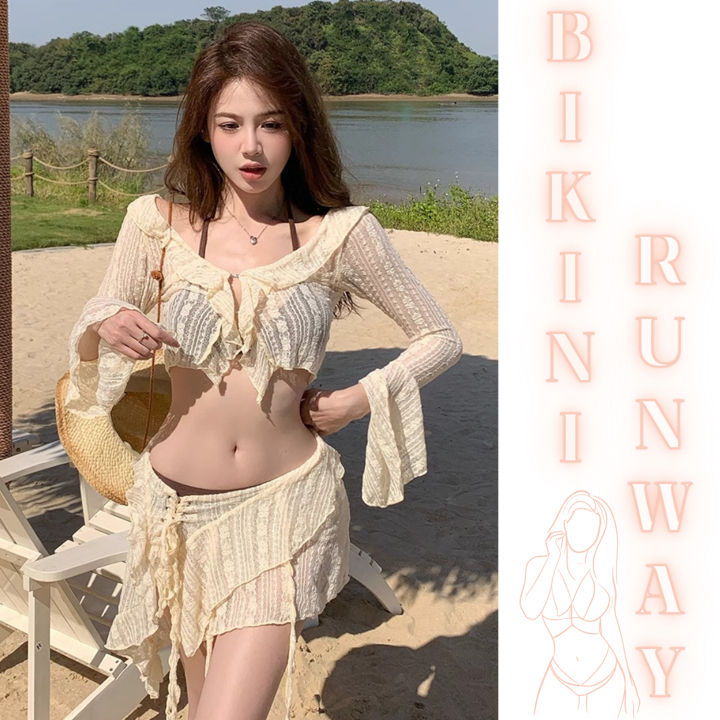 BIKINI RUNWAY ชุดชายหาด ชุดว่ายน้ำแซ่บๆ บิกินี่เซ็ทสี่ชิ้น 🌟พร้อมเสื้อคลุมแขนยาว โชว์เอวเซ็กซี่ Y144