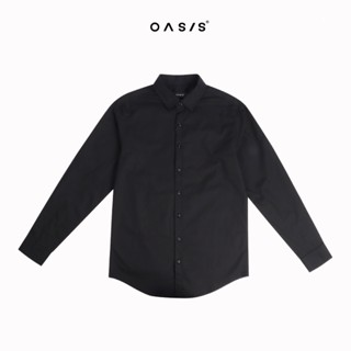 OASIS เสื้อเชิ้ตผู้ชาย สีดำ เสื้อเชิ้ตแขนยาว ลายสก็อต ผ้า co…