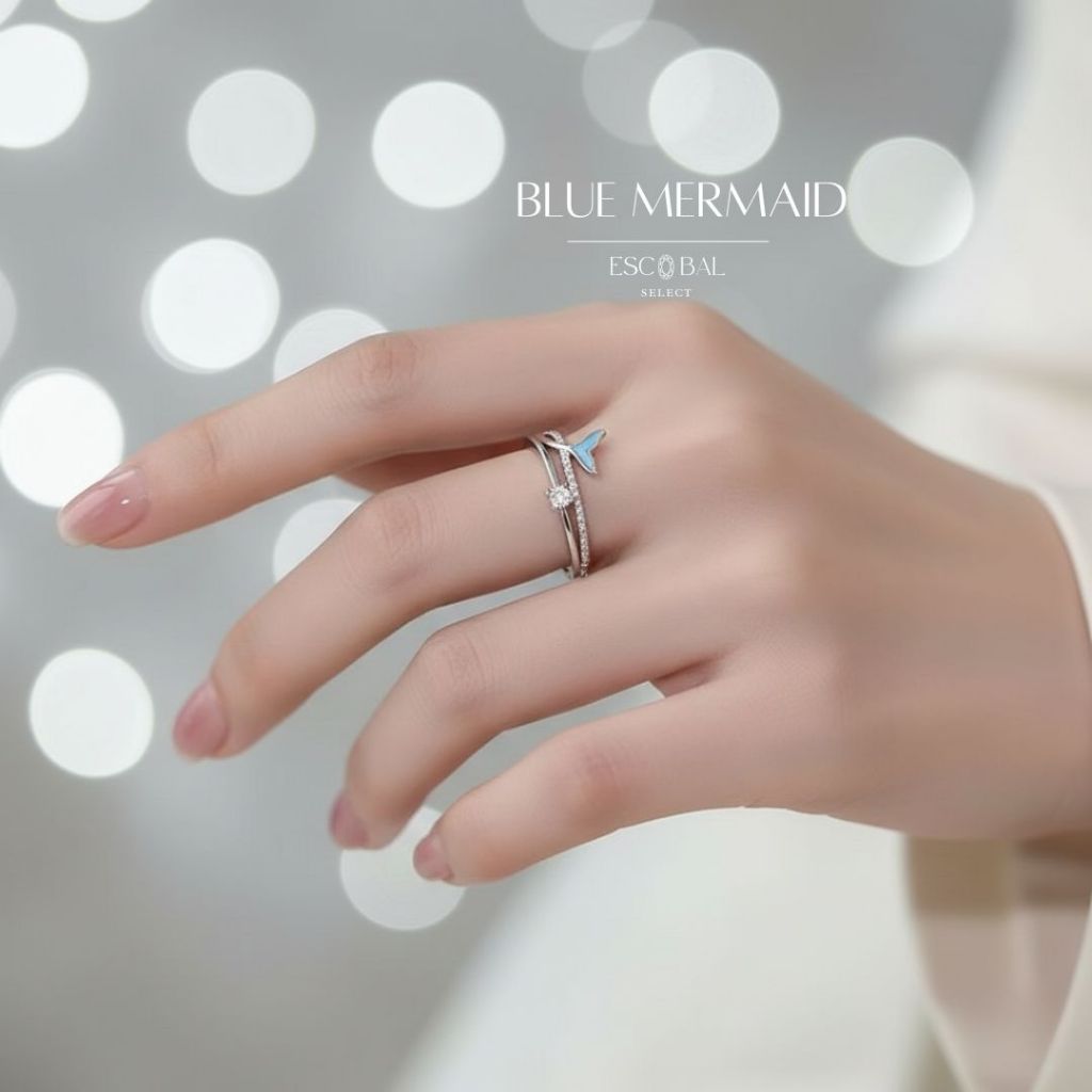 ESCOBAL แหวนเงินแท้ Blue Mermaid แหวนปรับขนาด สไตล์ใหม่ แหวนแฟชั่น แหวนปรับขน แหวนเพชราด วาเลนไทน์