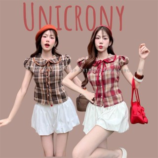 unicronyพร้อมส่ง เสื้อคอบัวลายสก็อตสายแต่งผูกอกงานน่ารักมากท…