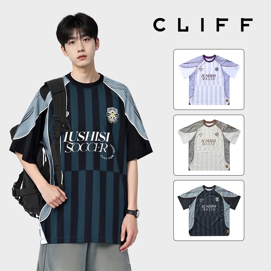 CLIFFเสื้อแขนสั้นสไตล์หลวมตามแฟชั่น ลายทาง การแต่งตัวแนวสปอร์ต พักผ่อน ผู้ชายและผู้หญิงสามารถสวมใส่
