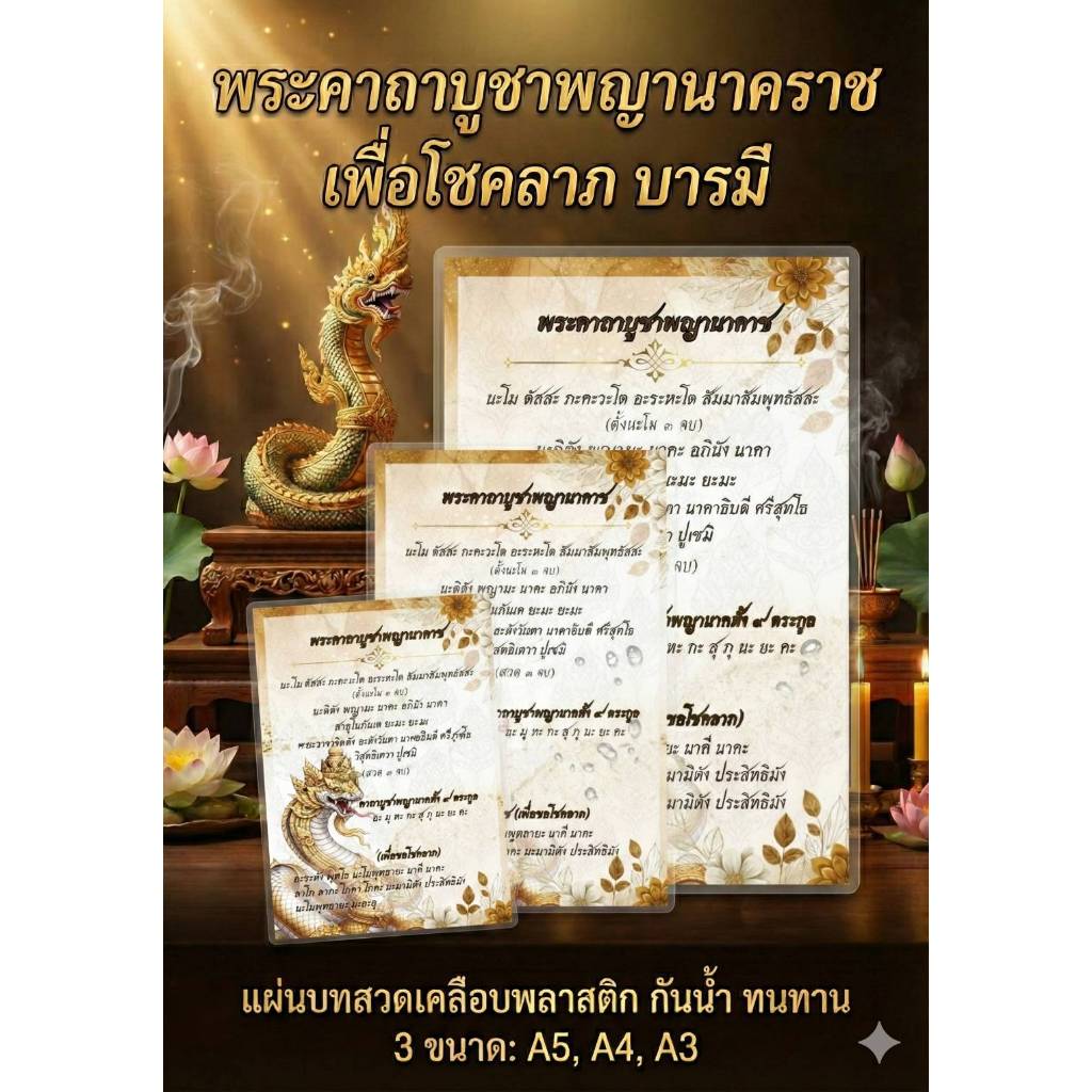 พระคาถาบูชาพญานาคราช แบบที่ 3 สีเหลืองทอง เคลือบพลาสติกอย่างดี ขนาด A5 A4 A3