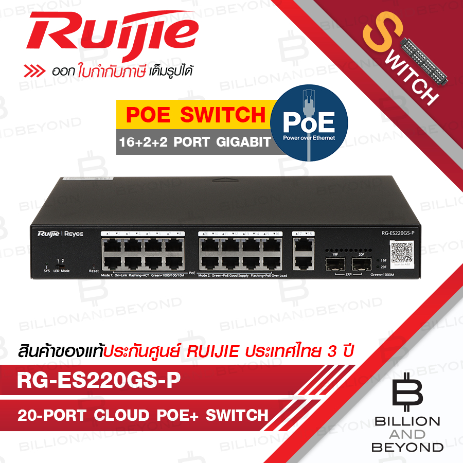 RUIJIE RG-ES220GS-P 20-Port Cloud POE+ Switch, 16 Gigabit PoE+ ports, 2 RJ45 Port, 2 SFP, 250W