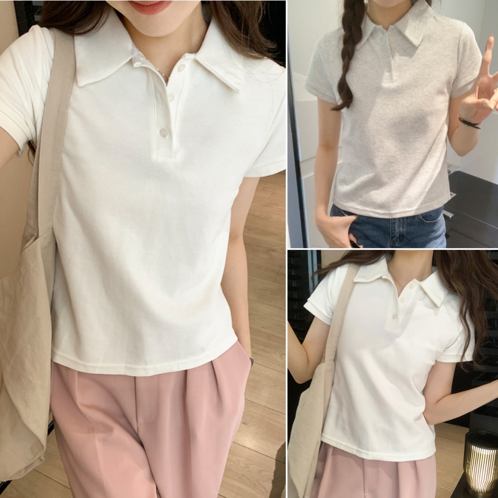cherryshop พร้อมส่ง เสื้อยืดคอปกโปโลแขนสั้นสไตล์เกาหลีใหม่ที่เรียบง่าย สีพื้น คอปกแต่งกระดุม สวมใส่ง่ายทุกโอกาส
