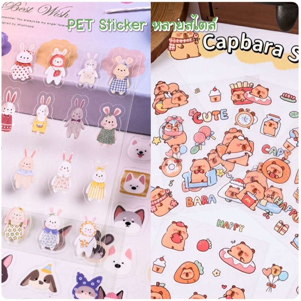 [พร้อมส่ง] DIY สติ๊กเกอร์ใส PET ลาย คาปิบาร่า แมว หมา หมี กระต่าย ตุ๊กตา น่ารัก Cute Capybara Cat Cartoon PET Sticker