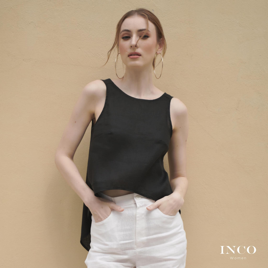 INCO WOMEN เสื้อแขนกุดผู้หญิง เปิดหลังแบบผูก สำหรับผู้หญิง ผ้าลินิน100%