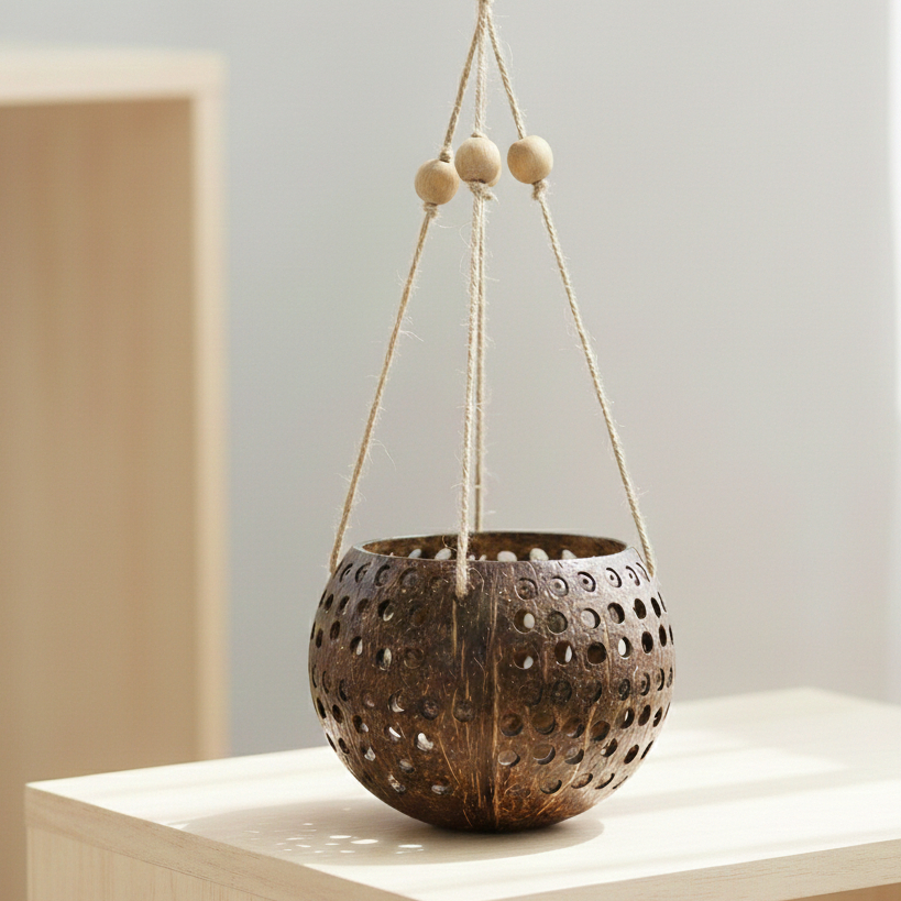 กระถางต้นไม้แบบแขวน ทำจากกะลามะพร้าว