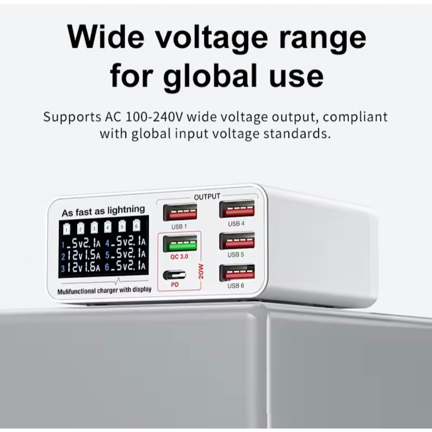 แท่นชาร์จ GaN 40W 6 พอร์ต USB รองรับ PD 40W และ QC3.0 ชาร์จเร็ว Type C สำหรับสมาร์ทโฟนและแล็ปท็อป