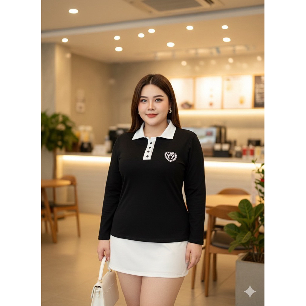 เสื้อยืดแขนยาวผ้าคอตตอนยูนิโคลสำหรับสาวอวบ ทรงคอปกปักหัวใจ