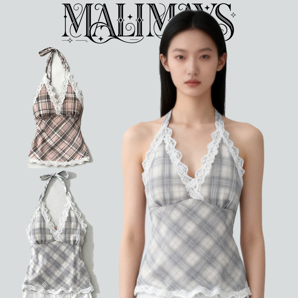 MALIMAYS Hunny Top เสื้อคล้องคอสก็อตแต่งลูกไม้ ma_b01