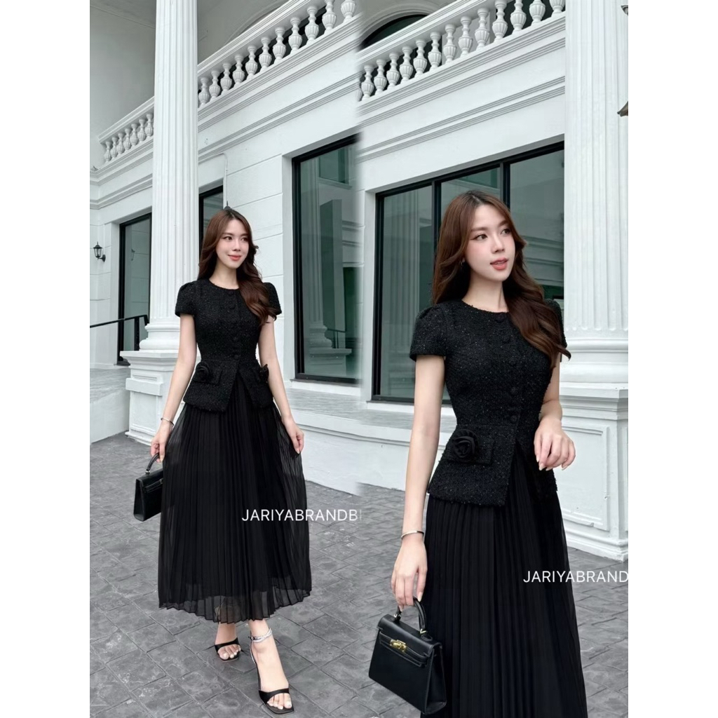 M12 งานป้าย Jariya Set ชุดเซ็ทเสื้อผ้าทวีต+กระโปรงยาว+เข็มกลัดดอกไม้ สำหรับผู้หญิง เสื้อผ้าแฟชั่นผู้หญิง ไซส์ S-XL