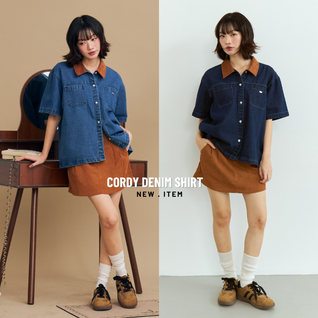 เสื้อเชิ้ตยีนส์ ผู้หญิง แขนสั้น ปกลูกฟูก Cordy Denim Shirt เสื้อยีนส์ sherleen