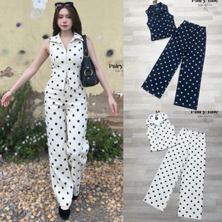[PAIRY TALE] Set Polka dot สีครีมดอทดำ เสื้อคอปกซิปหน้า ผ่าท…