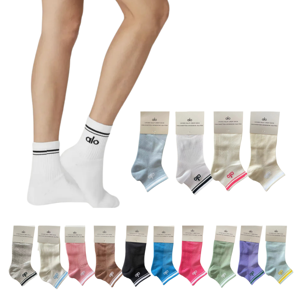 (พร้อมส่งในไทย)ถุงเท้า Alo แบบสั้น มีหลายสีระบายอากาศดี แพ็คเกจ สำหรับผู้หญิงและผู้ชาย