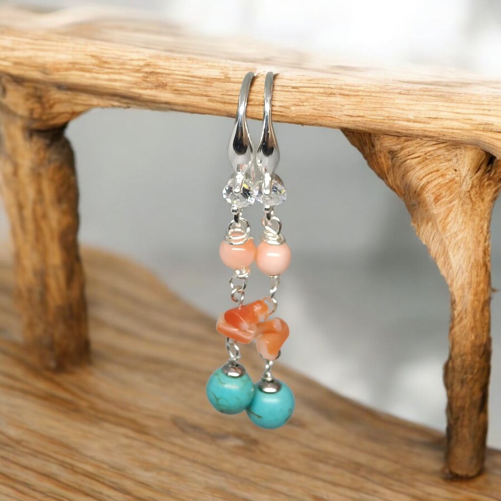 Boho-chic handmade style turquoise and coralEarrings