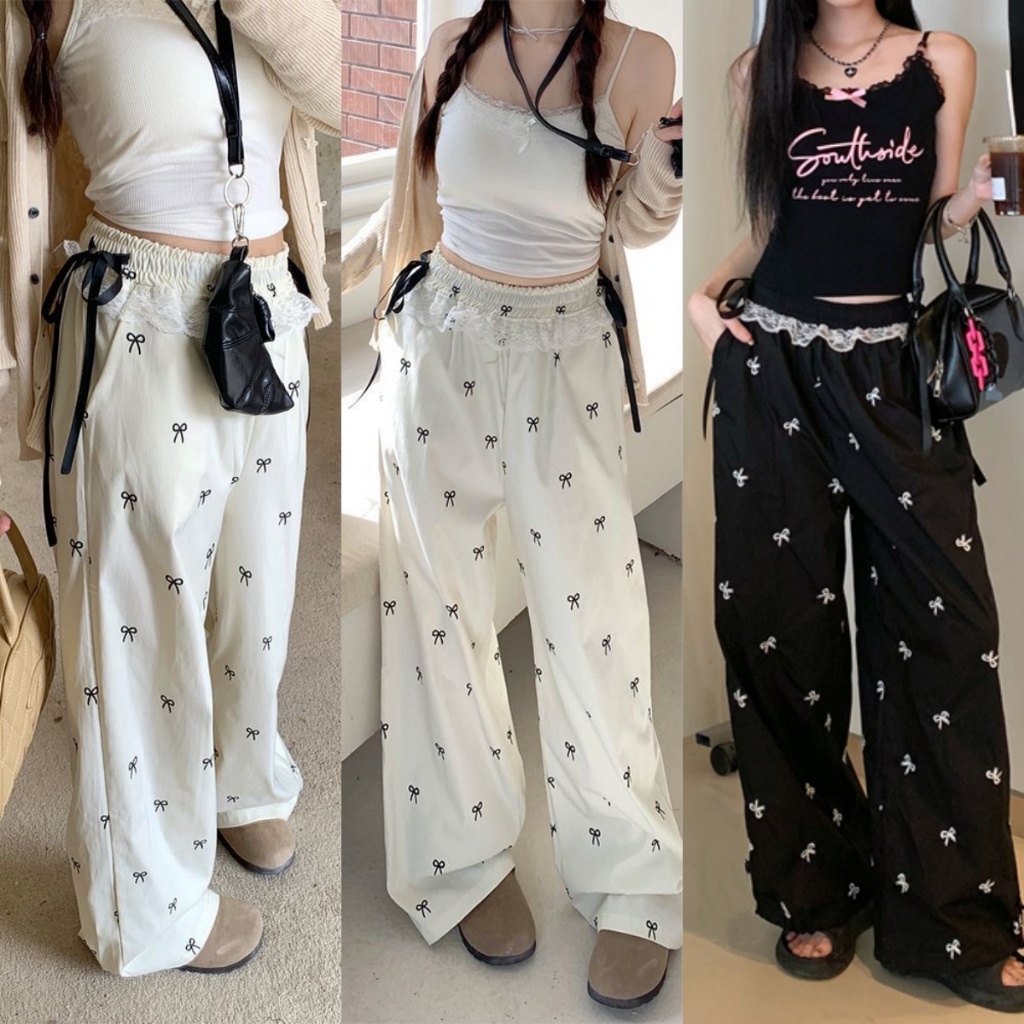 Hotgirl พร้อมส่ง กางเกงขาบานลายพิมพ์โบว์แฟชั่นสไตล์เกาหลีหวานๆ บริเวณเอวตกแต่งด้วยลูกไม้ และด้านข้างมีเชือกดึง