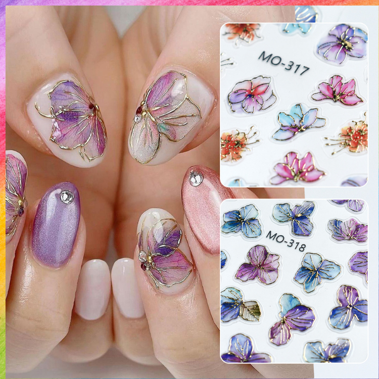 สติกเกอร์ติดเล็บ 3D ลายดอกไม้ขอบทอง | สติกเกอร์ดอกไม้สีน้ำ ดูหรูหรา งานละเอียด ติดง่าย