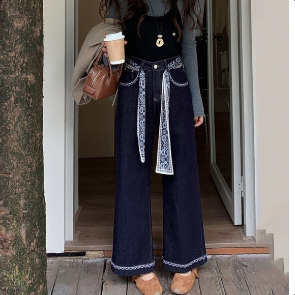 Aurae S-6XL กางเกงยีนส์ขากว้าง กางเกงเอวสูง ทรงหลวม สาวอวบใส่ได้ ผ้ายีนส์นิ่ม ขากว้าง