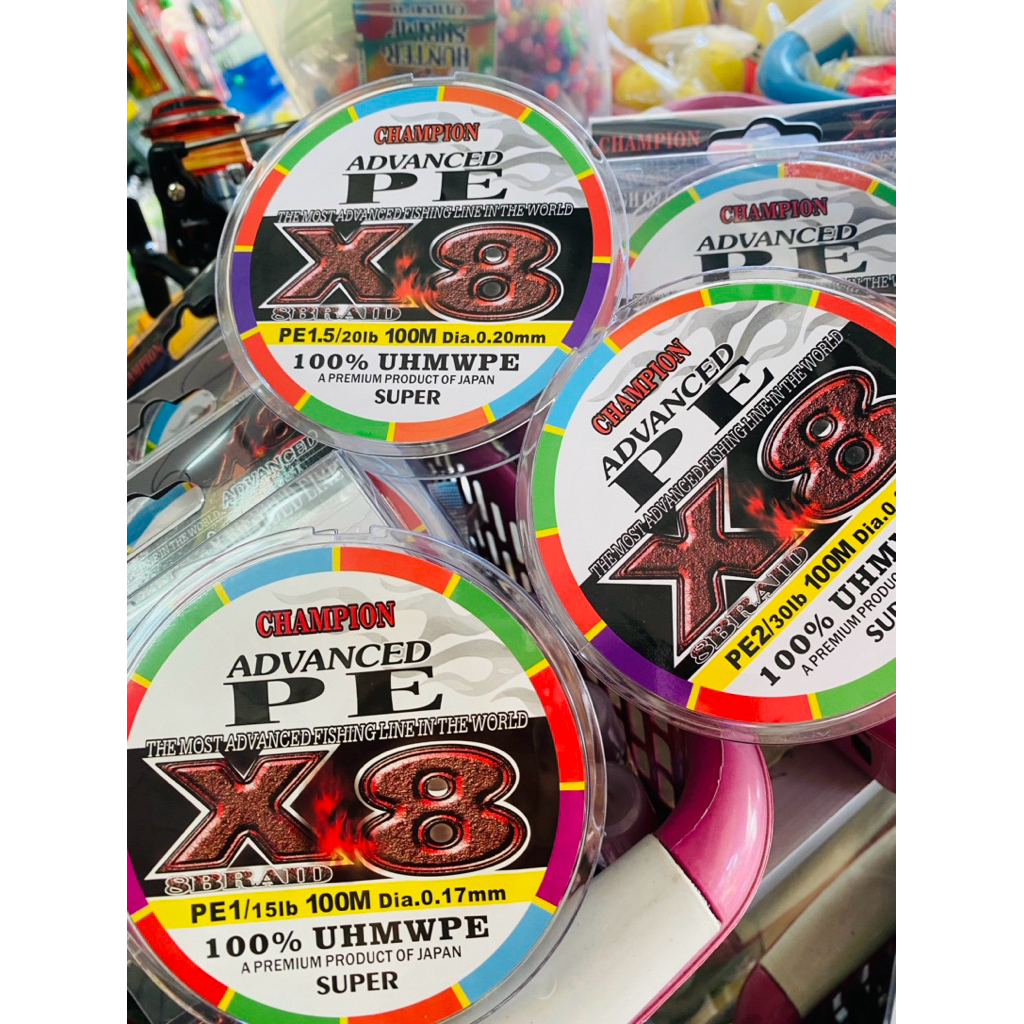 สายพีอี แชมเปี้ยน ถัก8 ยาว100ม. เหนียว  สีรุ้งสลับสี 100% UHMWPE  PE 1 PE1.5 PE 2 champion