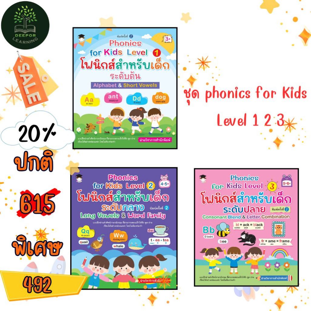 Combo Set  3 เล่ม หนังสือเด็ก Phonics for Kids Level 1 2 3 โฟนิกส์สำหรับเด็ก ระดับต้น Alphabet & Short Vowels พิมพ์ครั้ง
