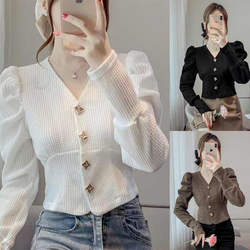 เสื้อเชิ้ตแขนยาวแขนพองสำหรับผู้หญิง คอวี เอวเข้ารูป ทรงสั้น เหมาะสำหรับสวมใส่ในฤดูใบไม้ร่วง#99255